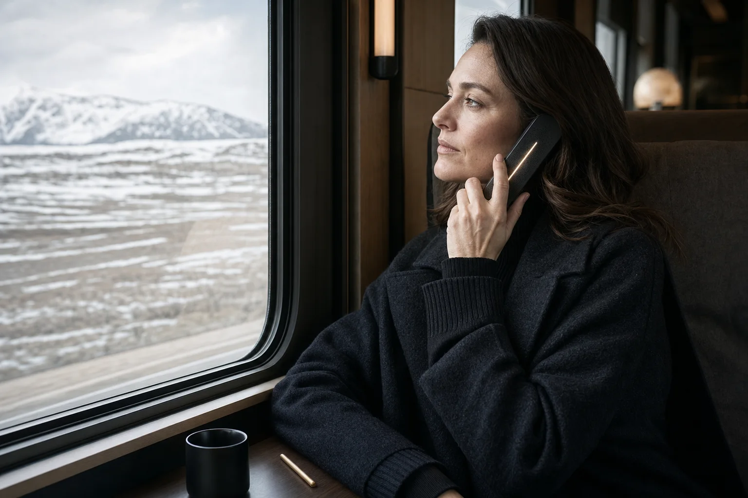 A traveller receiving a quiet briefing on a Nordic train
