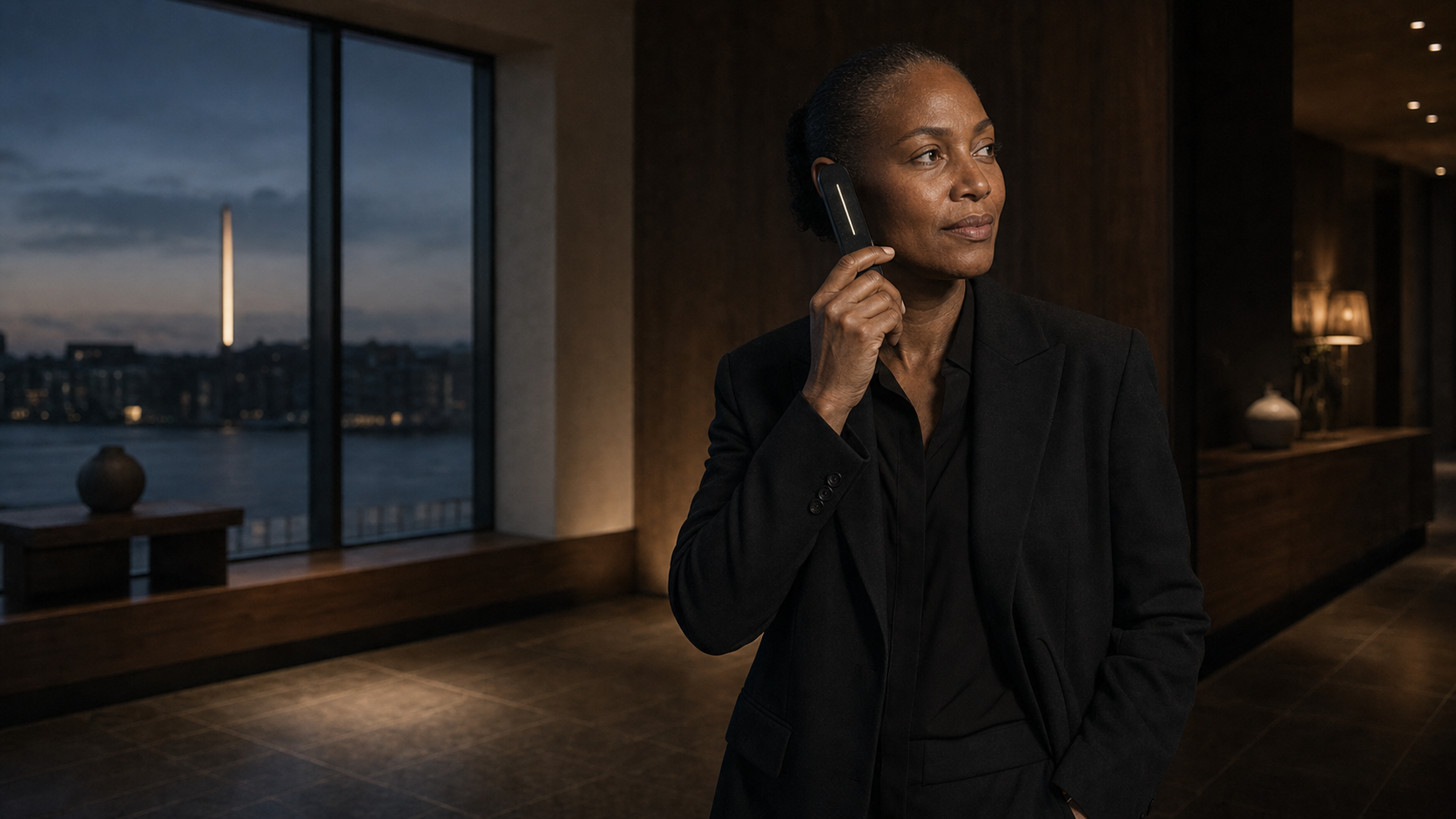 A Black founder holding the slender V4.2 SA-NT design-intent instrument privately at her ear in a Helsinki interior